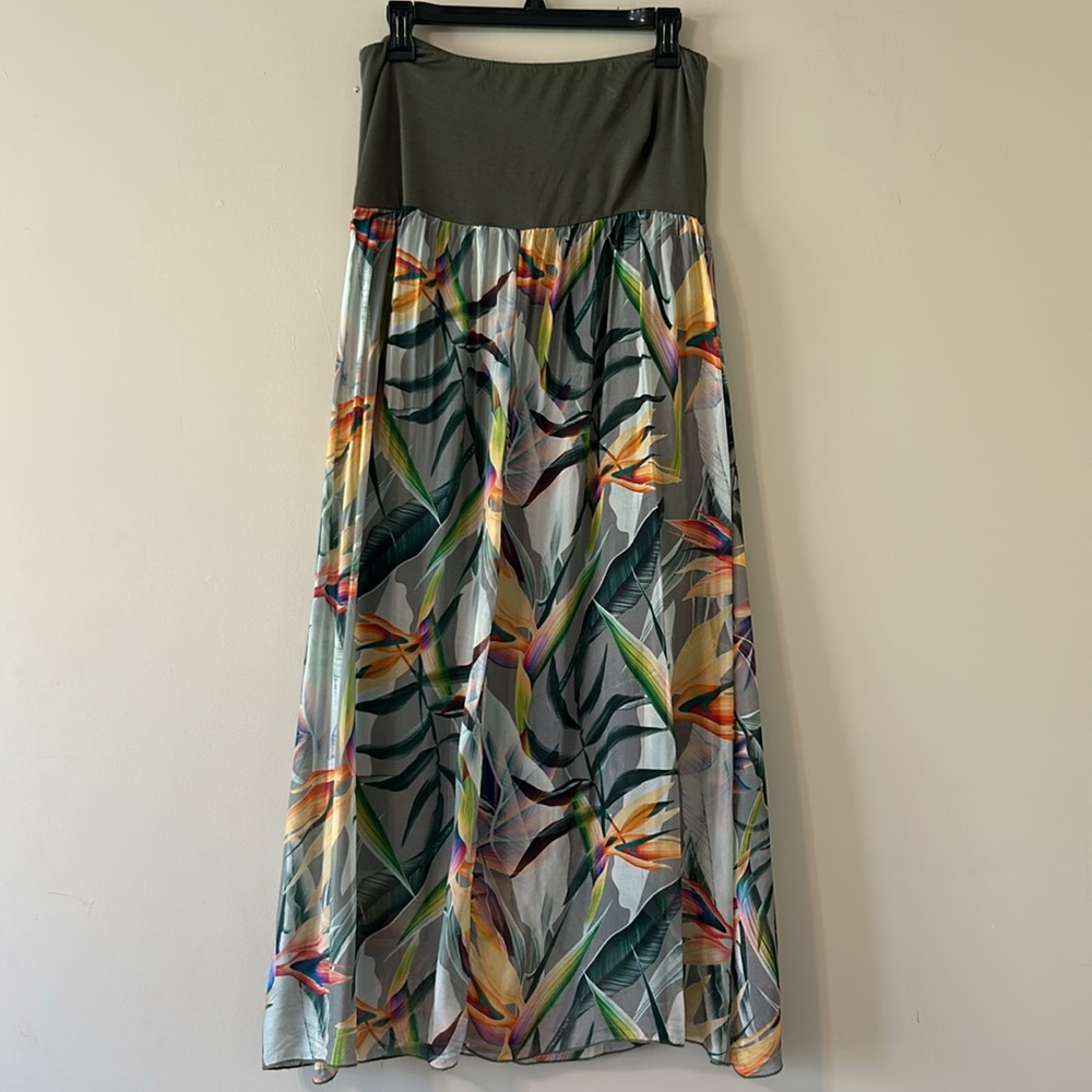 Belle France Long Maxi Skirt Silk Blend Medium Elastic Waist Tropical Vacation
